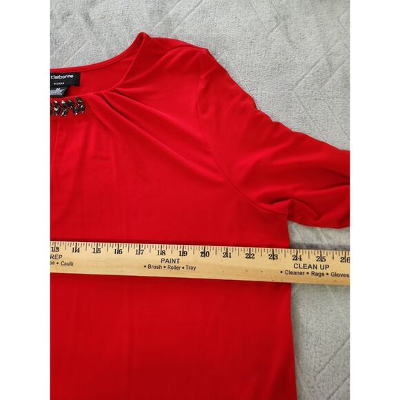 LIZ CLAIBORNE Red Liquid Knit Top Jeweled Keyhole Neckline Size XL OX - Picture 7 of 11